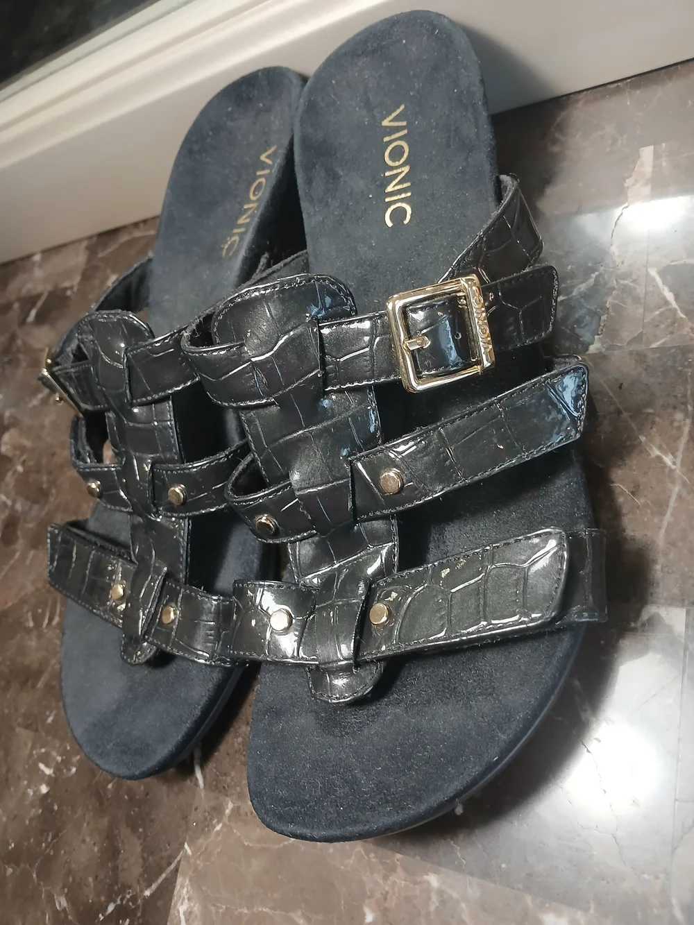 Vionic Black Croc-Embossed Triple Buckle Slide Sandals